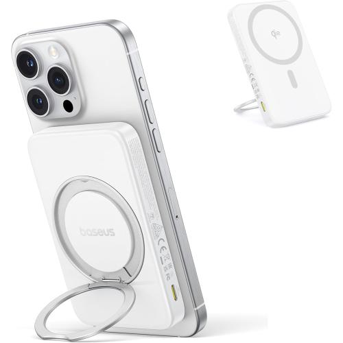 Baseus Qi2 MagSafe Power Bank, Ultra-Slim PicoGo 15W Ultra-Fast Wireless Portable Charger with 360° Rotatable Ring Stand, 5000mAh Magnetic Battery Pack for iPhone 16/15/14/13/12 Series (White)