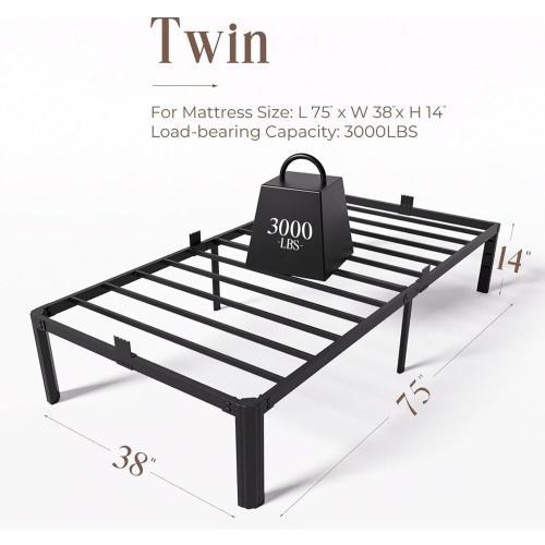 14 Inch Twin Size Metal Bed Frame, Heavy Duty Platform Bed Frame with Headboard Compatible, Under Bed Storage, Noise Free, No Box Spring Needed, Mattress Retainers, Easy Assembly