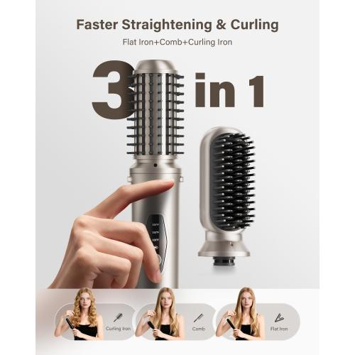 Cordless Hair Straightener Brush, 2 in 1 Curling & Straightening Brush with 200 Million Negative Ions, Mini Travel Hot Straightener Comb for Women, Fast Heating & Dual Voltage