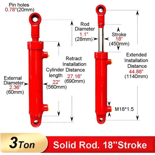 2x18 Hydraulic Cylinder 3 Ton Double Acting Welded Hydraulic Cylinder 2 Bore x 18 Stroke with 3/8 JIC 37°(9/16-18 Thread) Hydraulic End Connectors Maximum Thrust Force 6613lbs