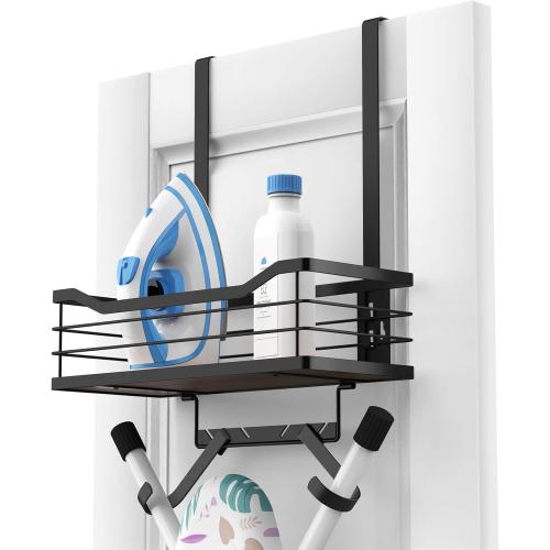 Ironing Board Holder Wall Mount - Laundry Room Organization and Ironing Board Holder Laundry Room Iron and Storage with Large Storage Wooden Base Basket and Removable Hooks(T&V Shaped)