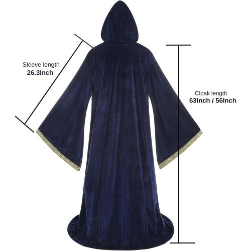 Wizard Robe Cloak with Hood Men Women, Renaissance Costume Medieval Velvet Cape Long Sleeve Halloween Dress Up