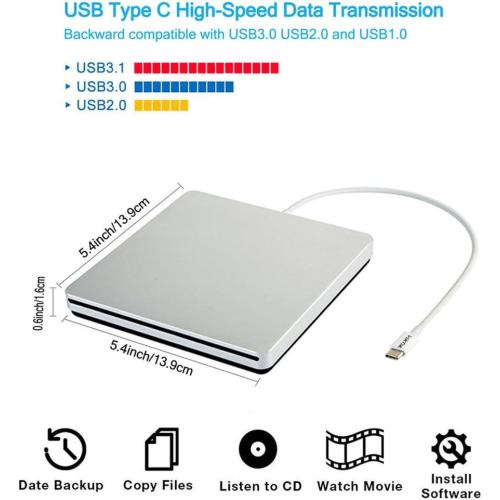 USB-C Superdrive External DVD/CD Reader and DVD/CD Burner for Apple-MacBook Air/Pro/iMac/Mini/MacBook Pro/ASUS/ASUS/DELL Latitude with USB-C Port Plug and Play(Silver)