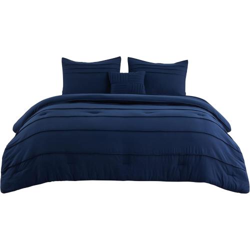 Bedsure Full Comforter Set - 4 Pieces Pinch Pleat Bed Set, Navy Blue Boho Bedding for All Season, 1 Soft Comforter, 2 Pillowcases, 1 Decorative Pillow