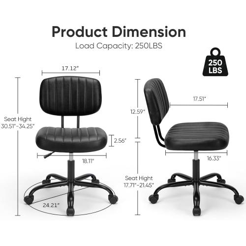 DUMOS Armless Office Desk Chair, Small Height Adjustable Computer Task Chair with Low Back Lumbar Support and 360° Swivel Rolling Wheels for Small Space, Kids and Adults, Dark Black