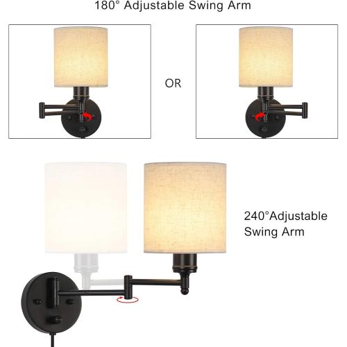 Set of 2 CADUKE Plug in Wall Light Set of 2, Swing Arm Wall Lamps, Modern Bedroom Wall Sconce Fixtures with Linen Lampshade for Reading Hallway Living Room