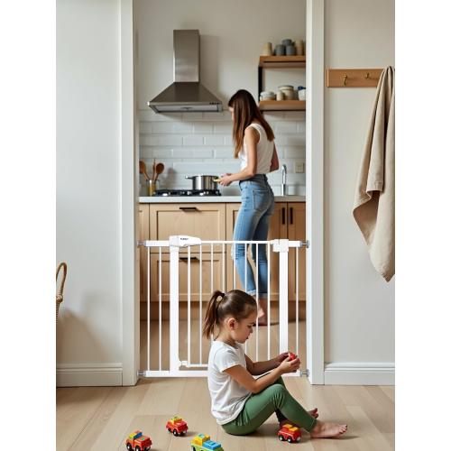 Baby Gate for Stairs, 29.5-40.5 Dog Gate for Doorways, Walk Thru Auto Close Metal Child Gate for The House, Stairs and Doorways, Pressure Mounted Pet Gate for Dog Indoor (White)