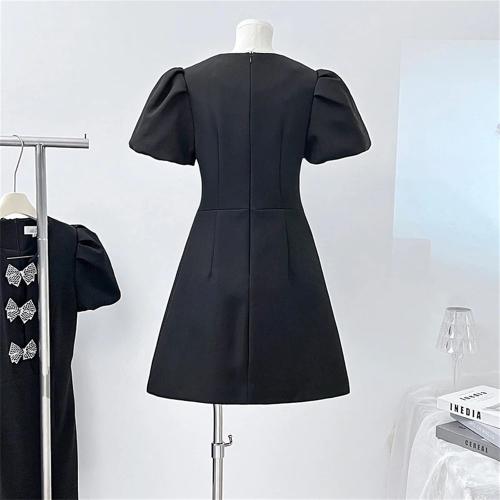Size M Women's Crystal Bow Embellished Black Dress Mini Short A-Line Party Evening Gown Puff Sleeve Summer Dress