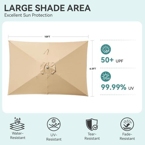 Rectangular Patio Umbrella, 6.5 x 10 ft Rectangle Table Umbrellas w/Heavy Duty Ribs, Effortless Crank and Push Button Tilt, Wind Resistant Sun Umbrella for Outdoor Patio, Beige