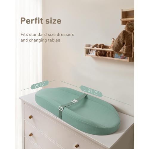 (Color Tan) Contoured Changing Pad with Soft & Washable Cover, Waterproof Lining Foam Baby Changing Table Pads for Dresser Top, Secure with Security Strap and Two High Curved Sides, 32”×16”,
