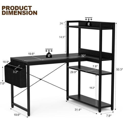Grandder 40 Inch L Shaped Computer Desk with Reversible Storage Shelves, Home Office Corner Desk Study Writing Table with Hutch, Study, Black