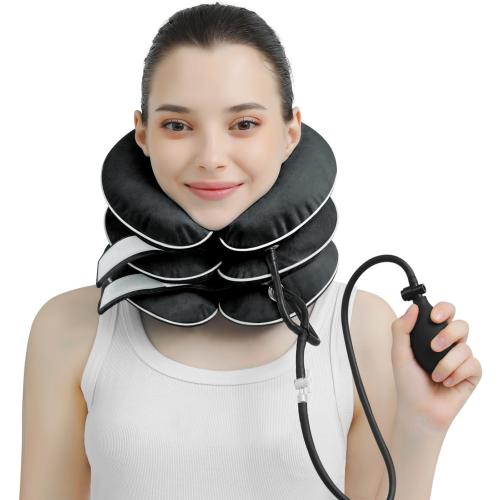 Cervical Neck Traction Device for Neck Pain Relief - Inflatable Neck Stretcher Collar for Decompression - Best Home Use Neck Brace Pump (Black Plush)