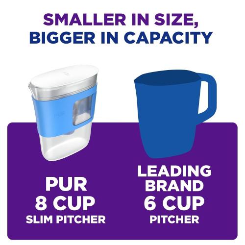 PUR Slim Water Filter Pitcher, 8-Cup Capacity, Compact Design for Dorms & Mini Fridges, Dishwasher Safe, Fast Filtration, Includes 1 Filter for Cleaner Great-Tasting Drinking Water Filtration, Violet