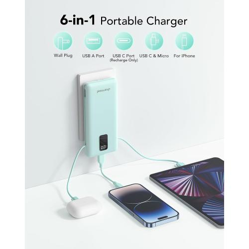 charmast Portable Charger with Built-in Cables and Plug, 10000mAh USB C Power Bank Fast Charging, External Battery Pack Slim, Travel Essentials Compatible with iPhones, Samsung Galaxy, iPad
