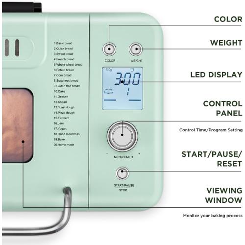 Neretva Bread Maker, 20-in-1 2LB Bread Machine Dual Heater & Nonstick Ceramic Pan Bread Makers Machine All Metal Compact for Gluten Free/Dough Maker/Meat Floss/Jam/Yogurt/Breadmaker Recipe-Light Green