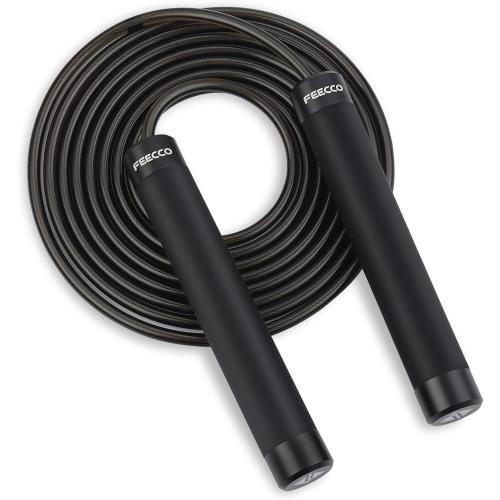 Black FEECCO 1/2 lb Weighted Jump Rope for Boxing, Cardio, Crossfit Workout, Range Adjustable Length Steel Ropes with Ball Bearings and Metal Handles, Suitable for Men and Women