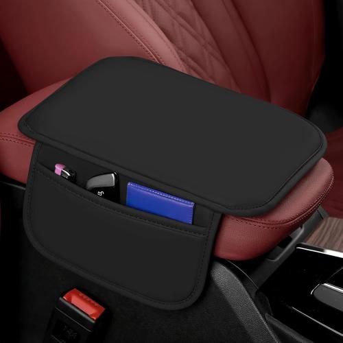 wuyaoyao Car Center Console Cover, Leather Memory Foam Armrest Cover Cushion with 2 Storage Bags, Universal Car Armrest Seat Box Pad Car Interior Accessories Protector for Most Vehicle (Black)