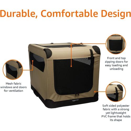 Amazon Basics Folding Soft Crate for Cat, Dog, Rabbit, Portable and Collapsible, 36 Inch, Tan, L 36 x 24 x 24