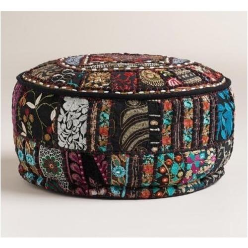 Sophia-Art Indian Embroidered Patchwork Cover Indian Decorative Comfortable Floor Cotton Cushion Ottoman Pouf, Designs Ethnic Patchwork Pouf (Black, 14x22) (Cover Only)