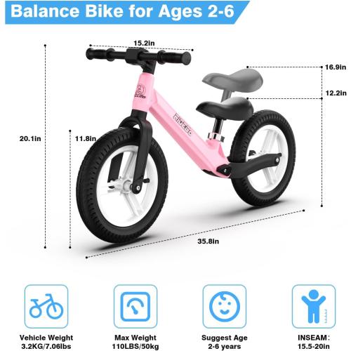 Ridego 12 or 14 Inch Balance Bike for Kids 2-6 Year Old,Lightweight Kids Bike with Adjustable Seat, Push Bicycle with Air Rubber Tires，Ride-on Toys Birthday Gift