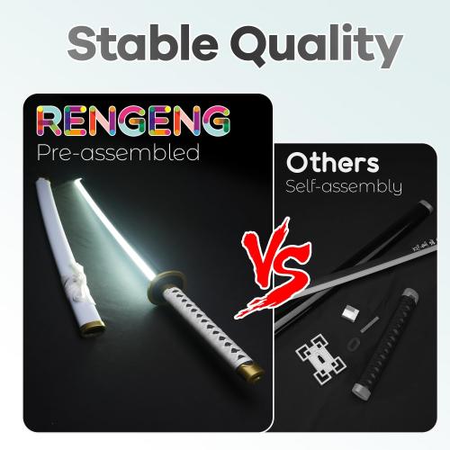 RENGENG Light Up Sword, 40 Inches Rechargeable Pre-Assembled Plastic Replica Anime Sword with Belt & Stand & Spinner