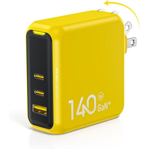 Yellow AOHI Magcube 140W USB C Charger PD3.1 3-Port GaN  Laptop Wall Charger 100W Fast Charging Power Adapter Foldable Plug for MacBook Pro 16'', Dell XPS, iPad Pro, Galaxy, iPhone 15 Pro, Chromebook, Yellow