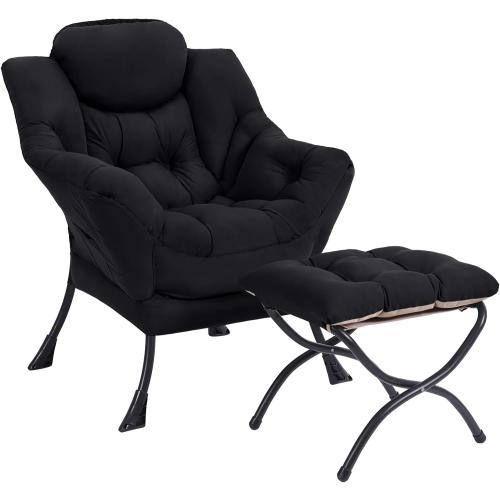 Lazy Chair with Ottoman, Modern Accent Chair Contemporary Lounge Leisure Sofa Chair with Armrests, Reading Chair and Folding Footstool Set for Living Room, Bedroom, Office, Black