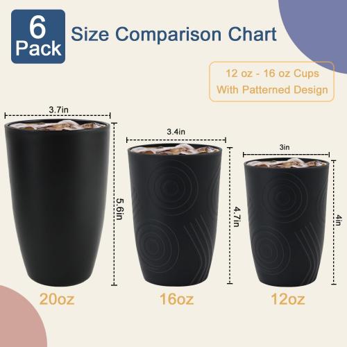 Wheat Straw Cups 20 OZ Set of 6, Unbreakable Drinking Cup Reusable, Alternative to Plastic Cups Reusable, Dishwasher Safe Drinking Glasses for Kitchen Water Tumblers (Black)