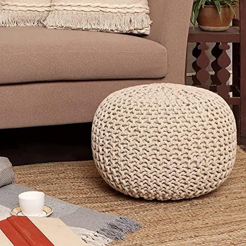 REDEARTH Round Pouf Ottoman - Cable Knitted Boho Poof - Home Décor Cord Pouffe Handmade Circular Footrest for Living Room - Bedroom - Kids Bedroom - 100% Cotton Pouf (18 x 18 x 14) - Ivory