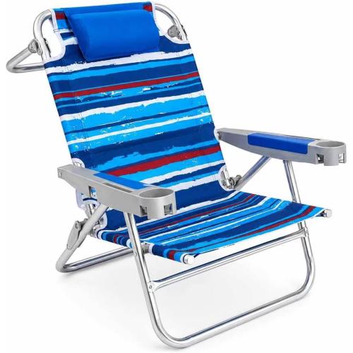 SUNNYFEEL XL 28 Extra Wide Beach Chair for Adults,Low Backpack Beach Chair | 5-Position Lay Flat Reclining, 500 lb Heavy Duty Folding Chair with Pillow & Cup Holder, Darkblue Stripe