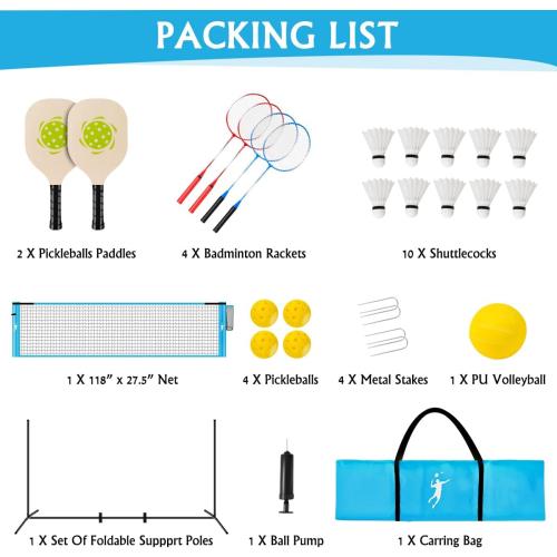 Pickleball Badminton Net Set for Backyards, All-in-One Portable Volleyball Combo Set with Adjustable Net, Volleyball Pickleball Paddles & Badminton Rackets for Indoor Outdoor