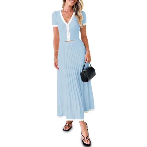 Size L/Xl...Womens 2 Piece Sweater Outfits Sets Short Sleeve V Neck Crop Top Knit Midi Long Pleated Skirt Dresses
