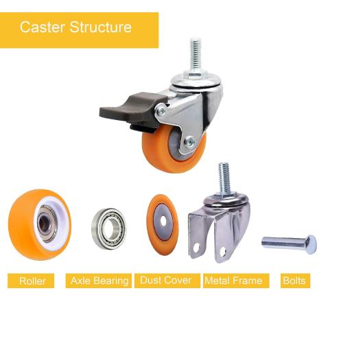 1 M6x15 Stem Casters Bolt Threaded Wheels,TPR Mute Rubber Swivel Single Caster Screws in Wheel Small with 2 Brake Locks-Orange