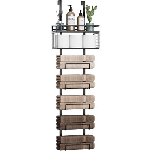 Aetyord Towel Racks for Bathroom Over The Door Towel Racks Towel Storage Organizer with Metal Shelf Basket for Bathroom Rv Camper (7-Tier Black)