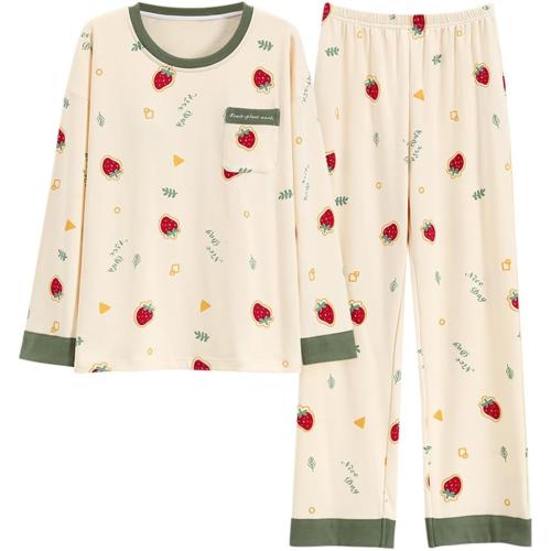 2 Pcs Women Teens Girl Fall Spring Pajama Set Long Sleeve Round Neck Pullover Loungewear Top and Pants Set