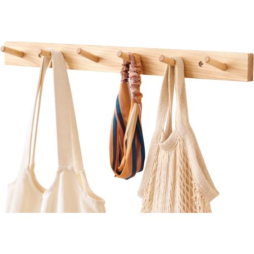 Size 24 Color Hickory Wood Coat Rack Wall Mount 24 inches, Wooden Coat Hooks with 6 Hooks Coat Hanger for Hanging Hat Jacket Purse, Wall Hooks for Entryway, Bathroom, Bedroom, Natural