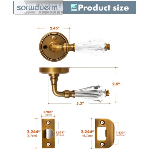 1 set of Antique Brass Glass Door Lever Privacy Crystal Door Levers Door Lever Interior Door Handle for Bedroom and Bathroom,Zinc Alloy