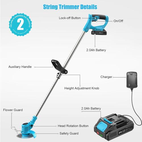 Weed Wacker, Cordless String Trimmer 21V with 2 Batteries 2.0Ah, 2 Types Metal Blades Powered Grass Trimmer, Pruning Shears, Adjustable Pole Weed Trimmer for Garden and Yard Lawn, Blue