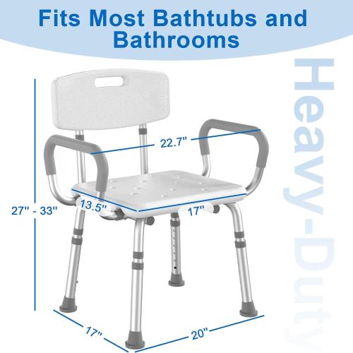 HOMLAND Shower Chair for Inside Shower with Arms and Back, 500 lbs Heavy Duty Shower Seat for Bathtub, Height Adjustable Safety Bath Seat for Elderly, Adults, Handicap and Disabled, White