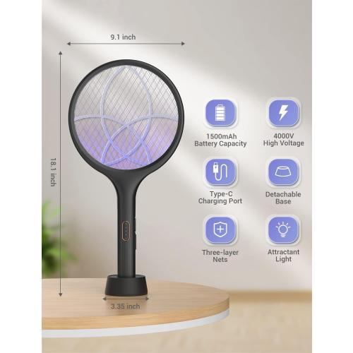 YISSVIC Electric Fly Swatter Bug Zapper Racket Dual Modes Mosquito Killer with Purple Mosquito Light Rechargeable for Indoor Home Office Backyard Patio Camping (Black 2 Pack)