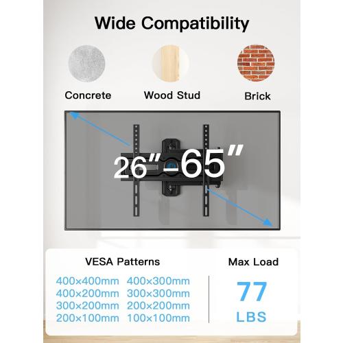 ‼️may have missing pcs‼️Pipishell Full Motion TV Wall Mount for Most 26-65 inch Flat & Curved TVs up to 77 lbs, Adjustable Bracket Height, Corner TV Mount with Single Articulating Arm, Max VESA 400x400mm, PIMF9