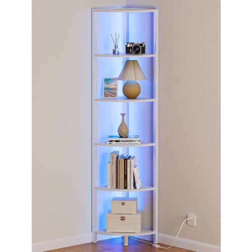 Furnulem 6 Tier Corner Shelf with LED Light, 67.5” Tall Standing Shelf Organizer, White Narrow Bookshelf with Storage Rack for Wall Corner, Living Room, Bedroom, Metal Frame, Wood Display Shelf