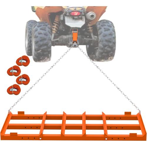 4 Ft Drag Harrow, Heavy Duty Driveway Grader, Tow Behind Lawn Rake with 5 Ft Chain, 4 Safety Belts, 2 Adjustable Bars, Driveway Drag for Gravel, Sand, Lawn, Soil, Hay, ATV, UTV, Mower, Tractor, Orange