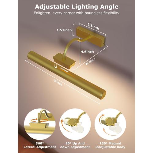 Picture Light Battery Operated, 13in Wireless Art Light for Paintings, Dimmable 5000mAh Recharging Battery Picture Light with Remote Control for Wall, Gallery Dartboard Art Bedroom (Gold-2Pack)