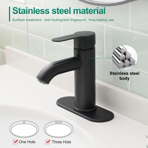 VOTON Matte Black Bathroom Sink Faucet, Single Handle Stainless Steel for 1 or 3 Hole Faucet for Bathroom Sink with Deck, Pop-up Drain and Supply Hoses