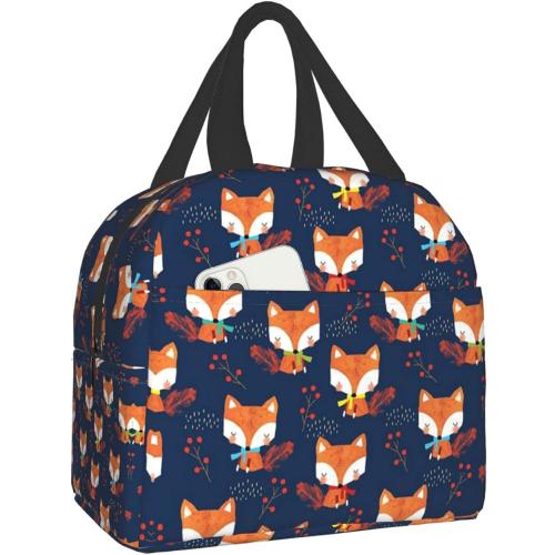 Cute Fox Lunch Bag for Women Small Insulated Lunch Box Leakproof Reusable Girls Lunchbag Office Work School Picnic Portable Black