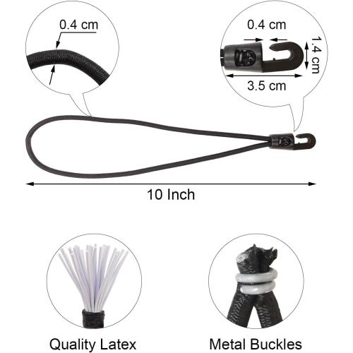 Small Black Bungee Cords with Hooks, 25 Pcs, 10 Inch, Latex Rubber, Heavy Duty, Sunproof, Waterproof, Elastic, Suitable for Tarpaulins, Tents, Canopy and Fixings