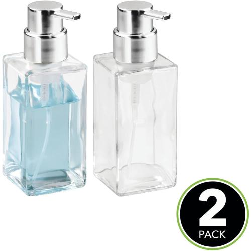 mDesign Glass Refillable Foaming Hand Soap Dispenser Modern Square Pump Bottle for Bathroom Vanities or Kitchen Sink, Countertops - 2 Pack - Clear/Chrome