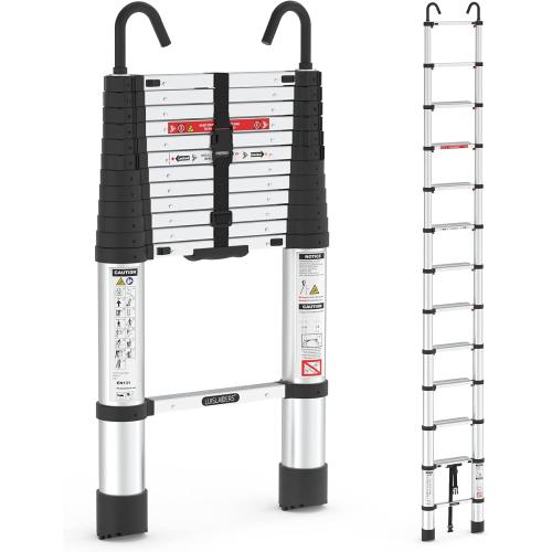 Silver 12.5ft Telescoping Ladder, LUISLADDERS Aluminum Telescopic Extension Ladder One-Button Retraction with Hooks EN131 330lbs Max Capacity, Multi Purpose Collapsible Ladder for RV or Outdoor Work