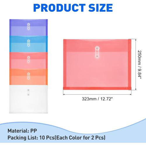 PATIKIL 3Pcs Plastic Envelopes with Button String Tie Closure, Letter A4 Size File Document Folders Envelopes for Home Work Office Organization, Assorted